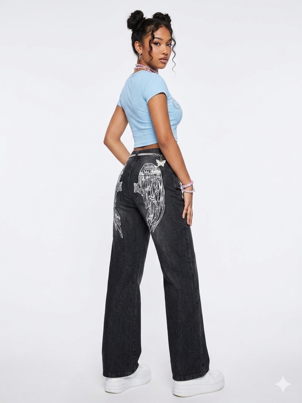 Disclosure Women's Black Wide Leg Jeans w/ Angel Wing Graphic Sz 0/24